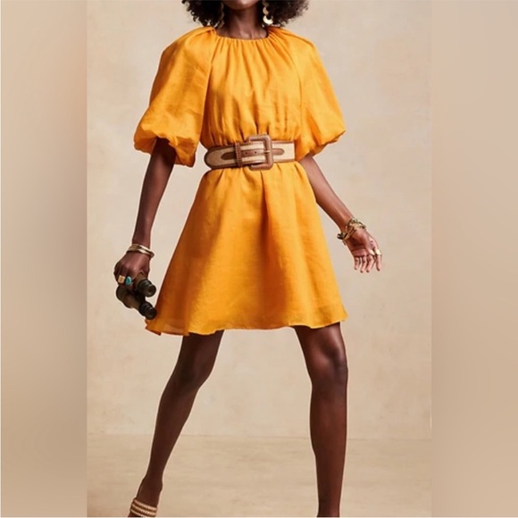 Banana Republic Yellow Ramie Puff Sleeve BacklessMini Dress Small Petite - Picture 2 of 10